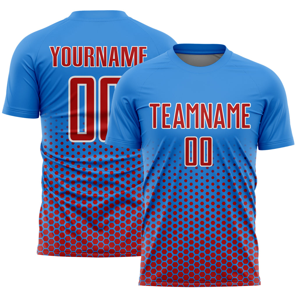 Custom Powder Blue Red-White Geometric Hexagonal Dot Gradient Sublimation Soccer Uniform Jersey