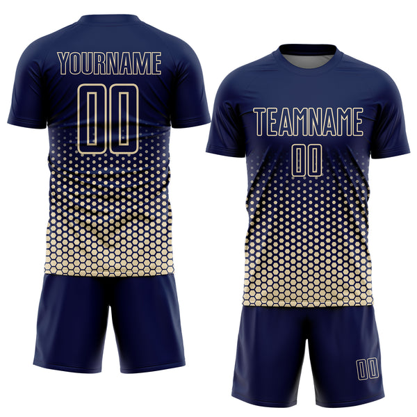 Custom Navy-Cream Geometric Hexagonal Dot Gradient Sublimation Soccer Uniform Jersey