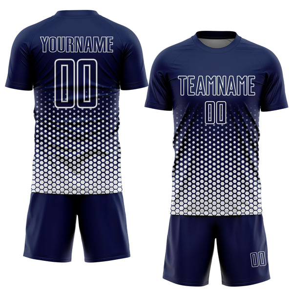 Custom Navy-White Geometric Hexagonal Dot Gradient Sublimation Soccer Uniform Jersey