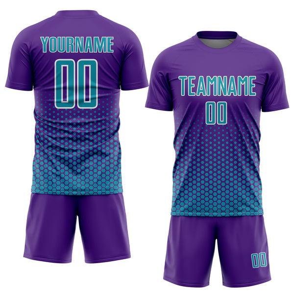 Custom Purple Teal-White Geometric Hexagonal Dot Gradient Sublimation Soccer Uniform Jersey