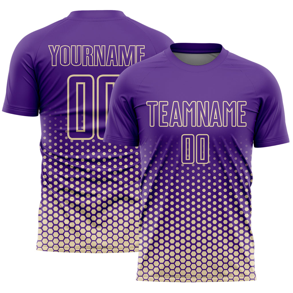 Custom Purple-Cream Geometric Hexagonal Dot Gradient Sublimation Soccer Uniform Jersey