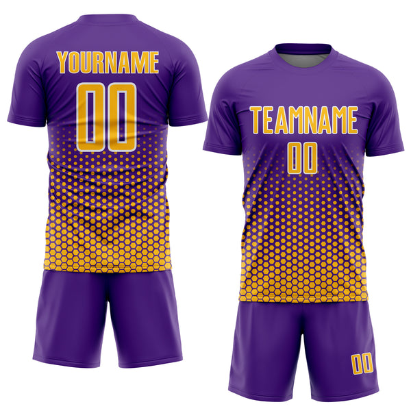Custom Purple Gold-White Geometric Hexagonal Dot Gradient Sublimation Soccer Uniform Jersey