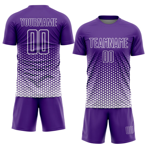 Custom Purple-White Geometric Hexagonal Dot Gradient Sublimation Soccer Uniform Jersey