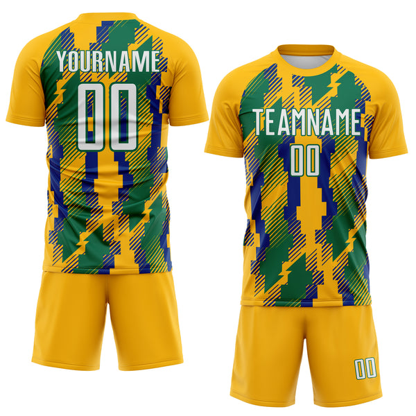 Custom Gold White Kelly Green-Royal Jamaica Geometric Sublimation Soccer Uniform Jersey