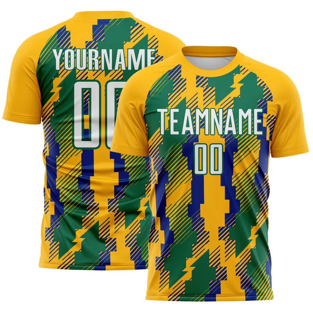 Custom Gold White Kelly Green-Royal Jamaica Geometric Sublimation Soccer Uniform Jersey