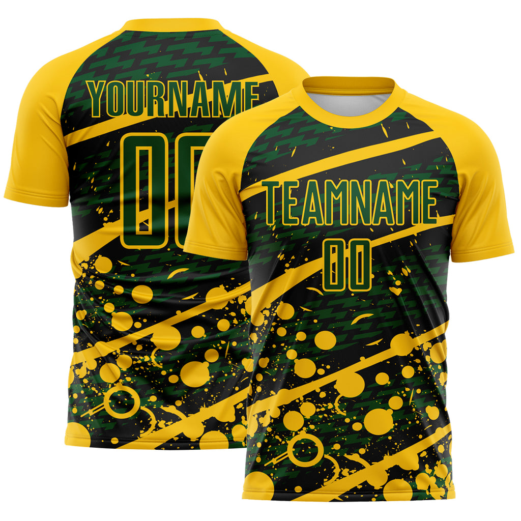 Custom Yellow Green-Black Jamaica Brush Stroke Splatter Sublimation Soccer Uniform Jersey