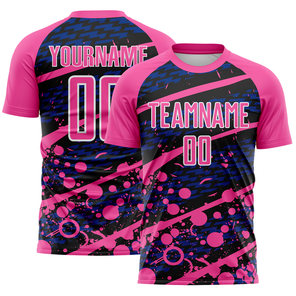 Custom Pink Royal Black-White Jamaica Brush Stroke Splatter Sublimation Soccer Uniform Jersey