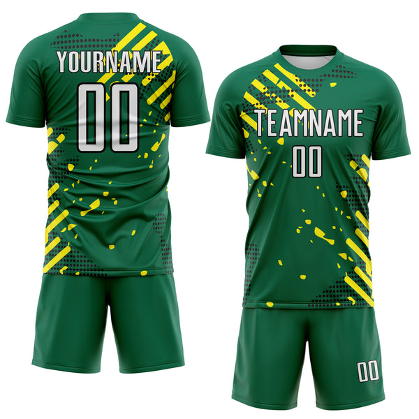 Custom Kelly Green White Light Yellow-Black Jamaica Brush Stroke Splatter Sublimation Soccer Uniform Jersey