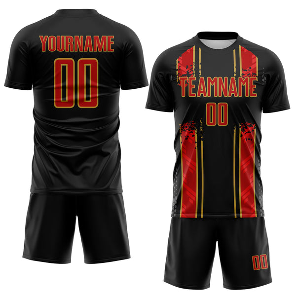 Custom Black Red-Old Gold Jamaica Vertical Stripes Paint Splatter Sublimation Soccer Uniform Jersey