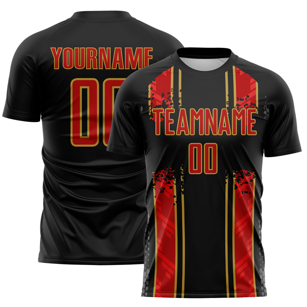 Custom Black Red-Old Gold Jamaica Vertical Stripes Paint Splatter Sublimation Soccer Uniform Jersey