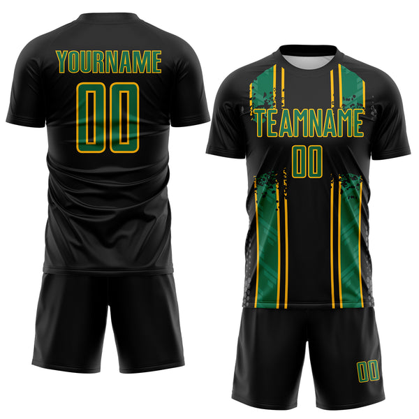 Custom Black Kelly Green-Gold Jamaica Vertical Stripes Paint Splatter Sublimation Soccer Uniform Jersey