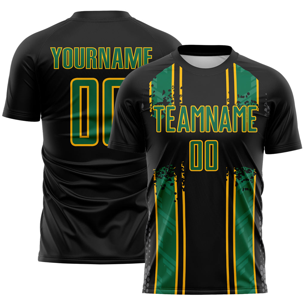 Custom Black Kelly Green-Gold Jamaica Vertical Stripes Paint Splatter Sublimation Soccer Uniform Jersey