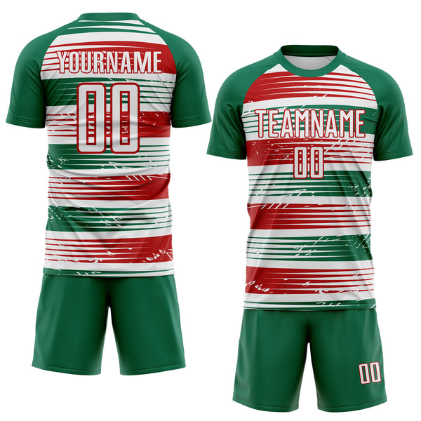 Custom Kelly Green White-Red Jamaica Stripes Paint Splatter Sublimation Soccer Uniform Jersey