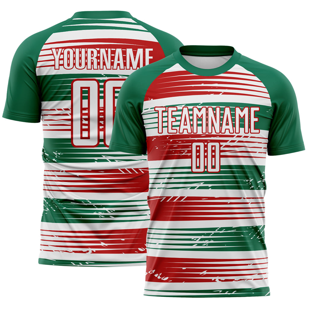 Custom Kelly Green White-Red Jamaica Stripes Paint Splatter Sublimation Soccer Uniform Jersey