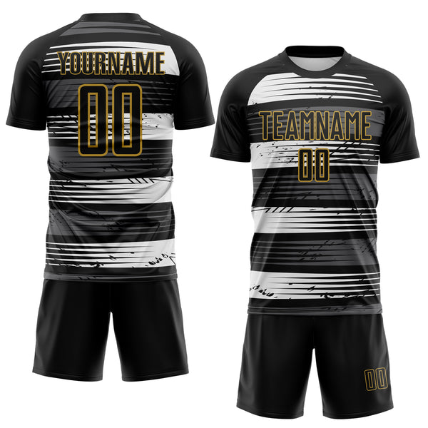 Custom Black White-Old Gold Jamaica Stripes Paint Splatter Sublimation Soccer Uniform Jersey