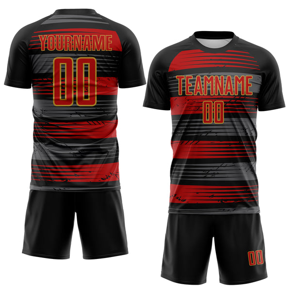 Custom Black Red-Old Gold Jamaica Stripes Paint Splatter Sublimation Soccer Uniform Jersey