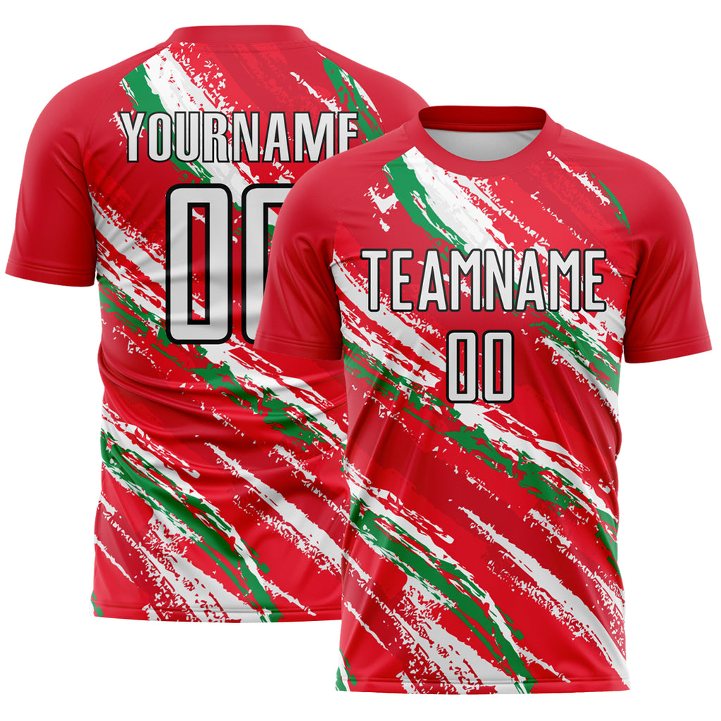 Custom Red White Green-Black Jamaica Brush Stroke Splatter Sublimation Soccer Uniform Jersey