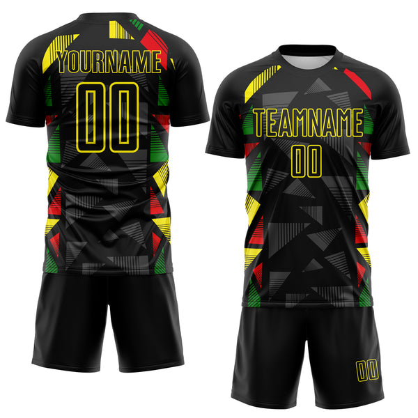 Custom Black Red Green-Light Yellow Jamaica Geometric Stripes Sublimation Soccer Uniform Jersey
