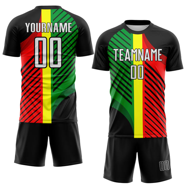 Custom Black White Red-Green Jamaica Stripes Sublimation Soccer Uniform Jersey