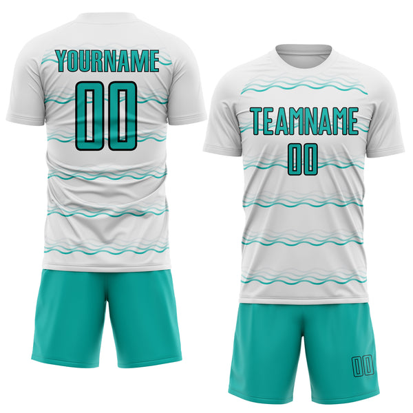 Custom White Aqua-Black Jamaica Fluid Liquid Waves Sublimation Soccer Uniform Jersey