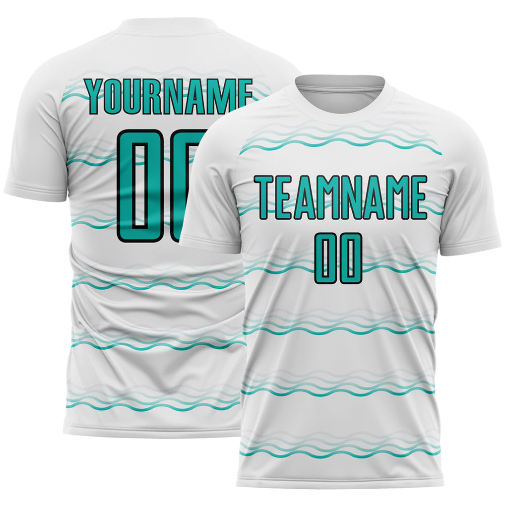 Custom White Aqua-Black Jamaica Fluid Liquid Waves Sublimation Soccer Uniform Jersey