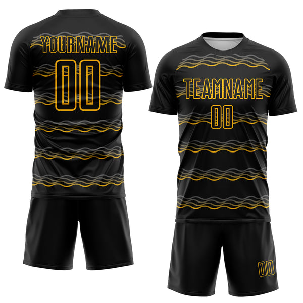 Custom Black-Gold Jamaica Fluid Liquid Waves Sublimation Soccer Uniform Jersey