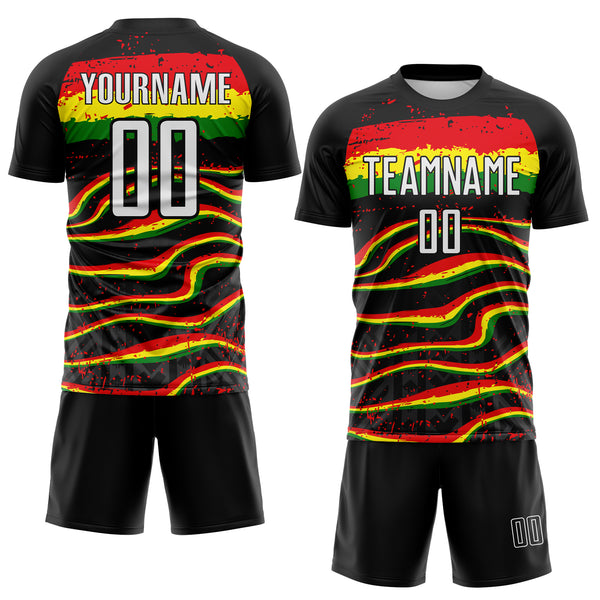 Custom Black White Red Green-Light Yellow Jamaica Fluid Liquid Waves Brush Stroke Sublimation Soccer Uniform Jersey