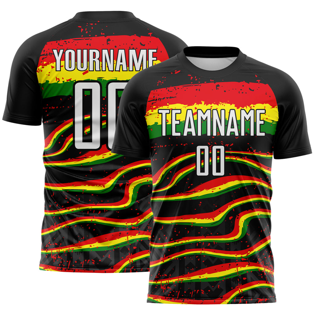 Custom Black White Red Green-Light Yellow Jamaica Fluid Liquid Waves Brush Stroke Sublimation Soccer Uniform Jersey