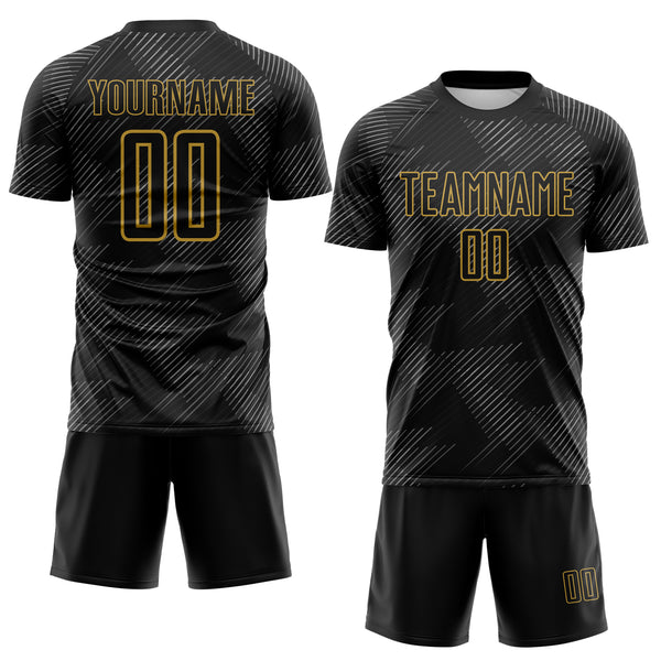 Custom Black-Old Gold Diagonal Scratch Lines Sublimation Soccer Uniform Jersey