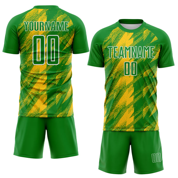 Custom Grass Green Yellow-White Brush Stroke Brazil Sublimation Soccer Uniform Jersey