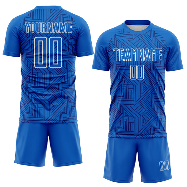 Custom Blue Royal-White Geometric Maze Interlocking Lin Sublimation Soccer Uniform Jersey