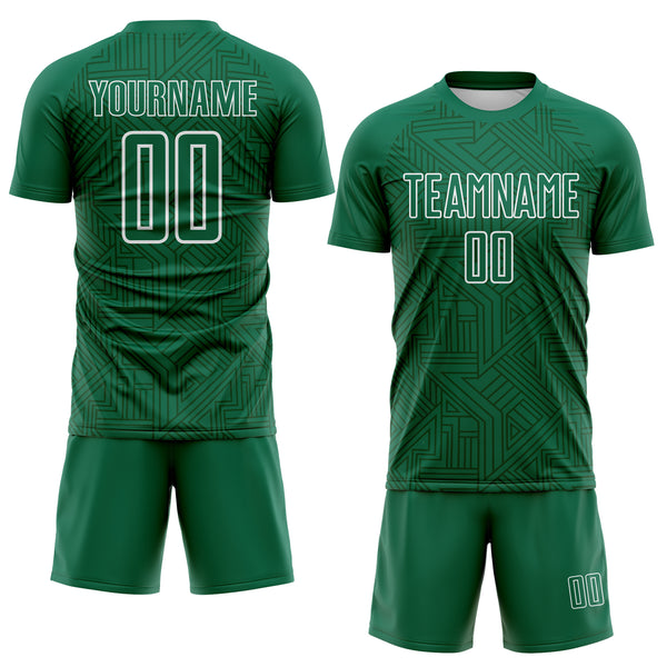 Custom Kelly Green-White Geometric Maze Interlocking Lin Sublimation Soccer Uniform Jersey