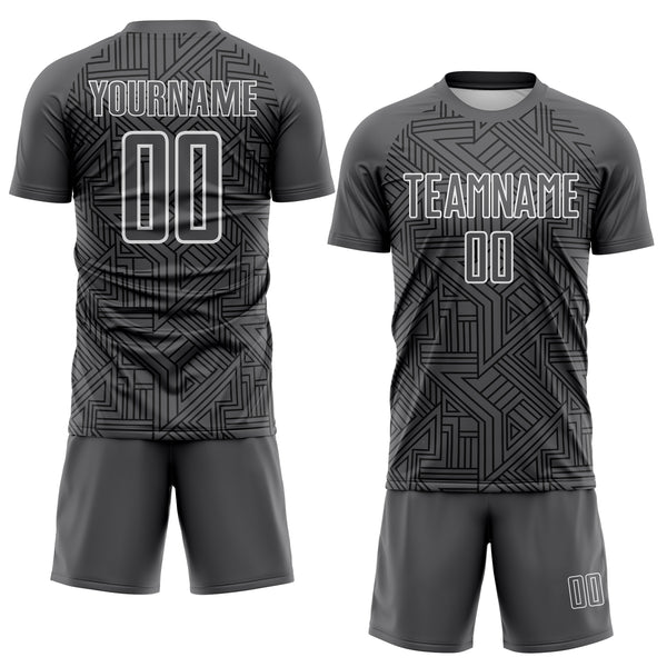 Custom Steel Gray Black-White Geometric Maze Interlocking Lin Sublimation Soccer Uniform Jersey