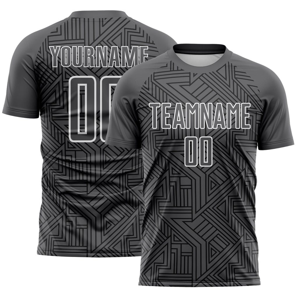 Custom Steel Gray Black-White Geometric Maze Interlocking Lin Sublimation Soccer Uniform Jersey