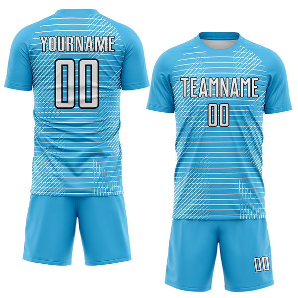 Custom Sky Blue White-Black Stripe Diagonal Grid Sublimation Soccer Uniform Jersey