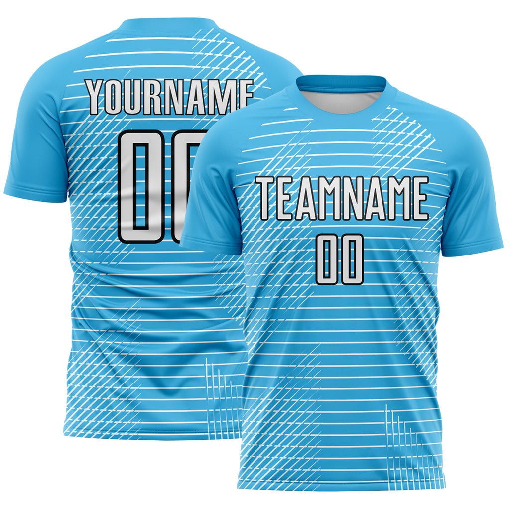 Custom Sky Blue White-Black Stripe Diagonal Grid Sublimation Soccer Uniform Jersey