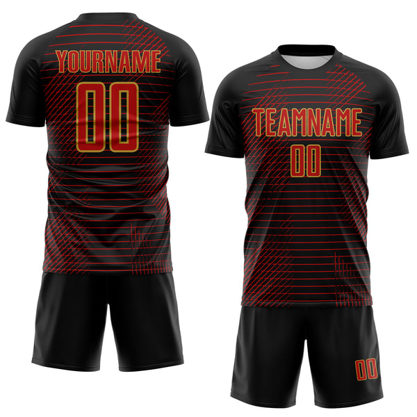 Custom Black Red-Old Gold Stripe Diagonal Grid Sublimation Soccer Uniform Jersey