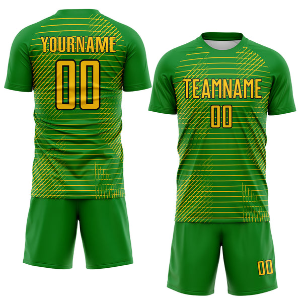Custom Grass Green Yellow-Black Stripe Diagonal Grid Sublimation Soccer Uniform Jersey