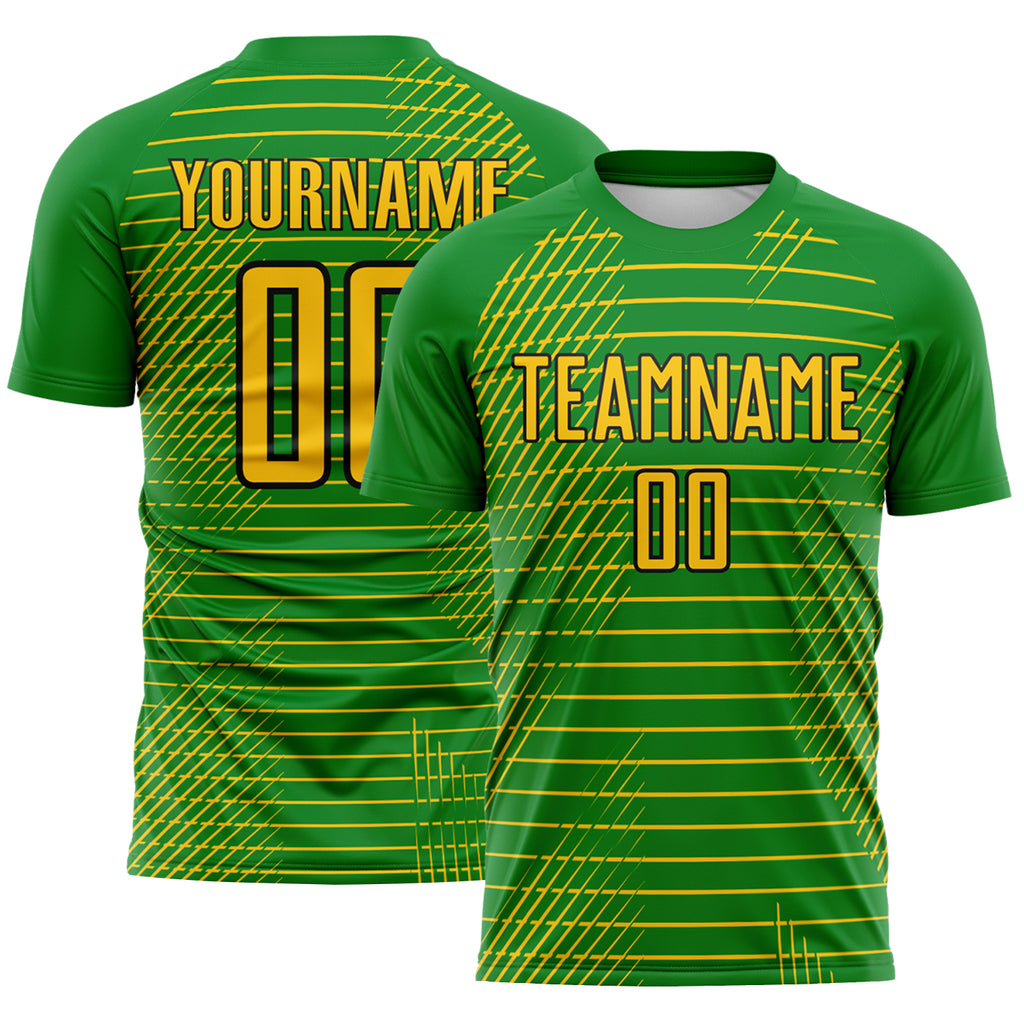 Custom Grass Green Yellow-Black Stripe Diagonal Grid Sublimation Soccer Uniform Jersey