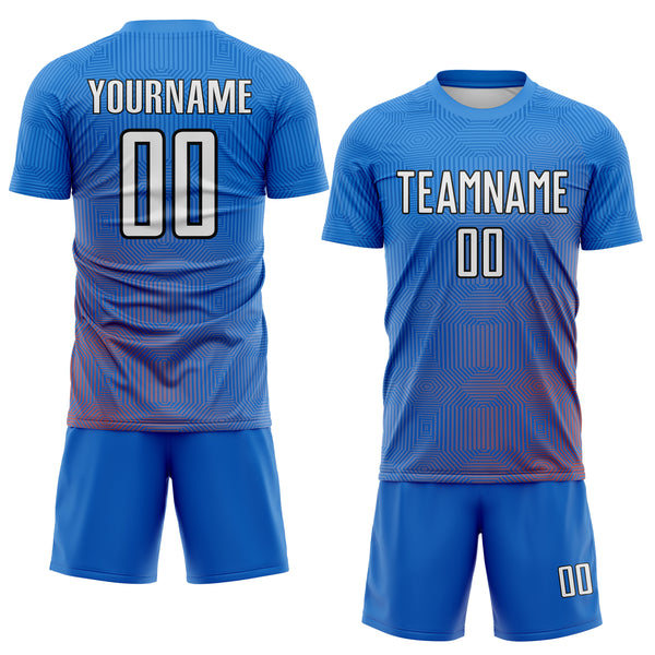 Custom Blue White Red-Black Gradient Geometric Maze Lines Sublimation Soccer Uniform Jersey