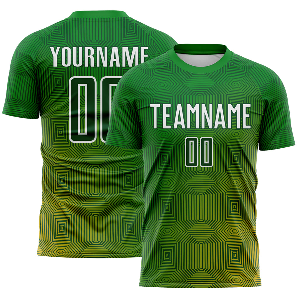 Custom Green Gold-White Gradient Geometric Maze Lines Sublimation Soccer Uniform Jersey