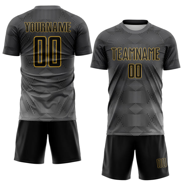 Custom Steel Gray Black White-Old Gold Gradient Geometric Maze Lines Sublimation Soccer Uniform Jersey