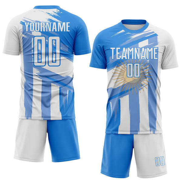 Custom Powder Blue-White Stripe Brush Stroke Argentina Sublimation Soccer Uniform Jersey