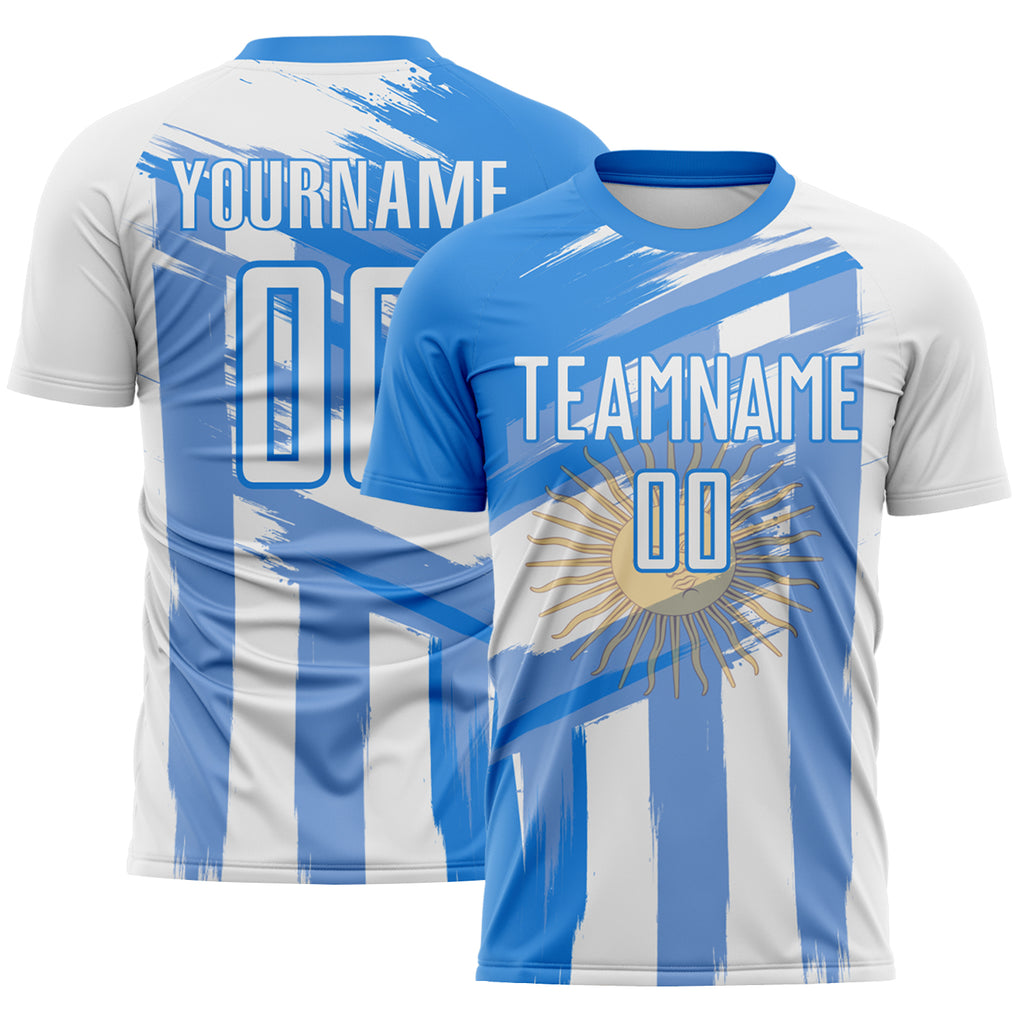 Custom Powder Blue-White Stripe Brush Stroke Argentina Sublimation Soccer Uniform Jersey