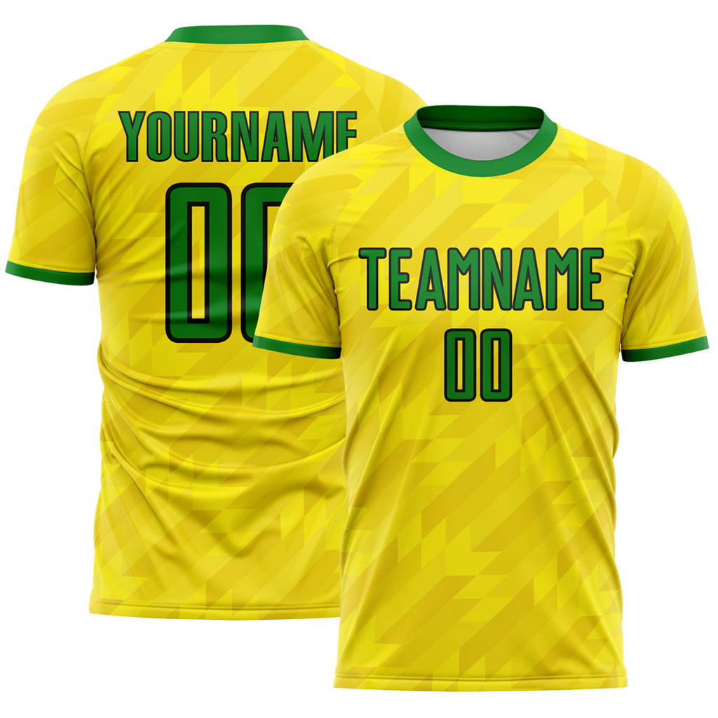 Custom Light Yellow Grass Green-Black Geometric Triangle Brazil Sublimation Soccer Uniform Jersey