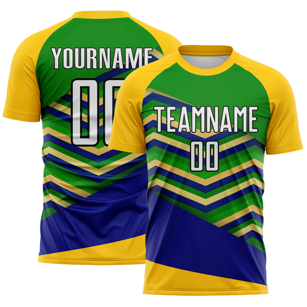 Custom Yellow White Grass Green Royal-Black Chevron Zigzag Stripe Brazil Sublimation Soccer Uniform Jersey