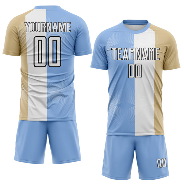 Custom Light Blue White Vegas Gold-Black Stripe Curved Line Argentina Sublimation Soccer Uniform Jersey