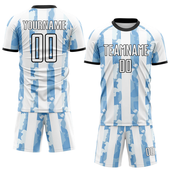 Custom White Light Blue-Black Stripe Abstract Camo Argentina Sublimation Soccer Uniform Jersey