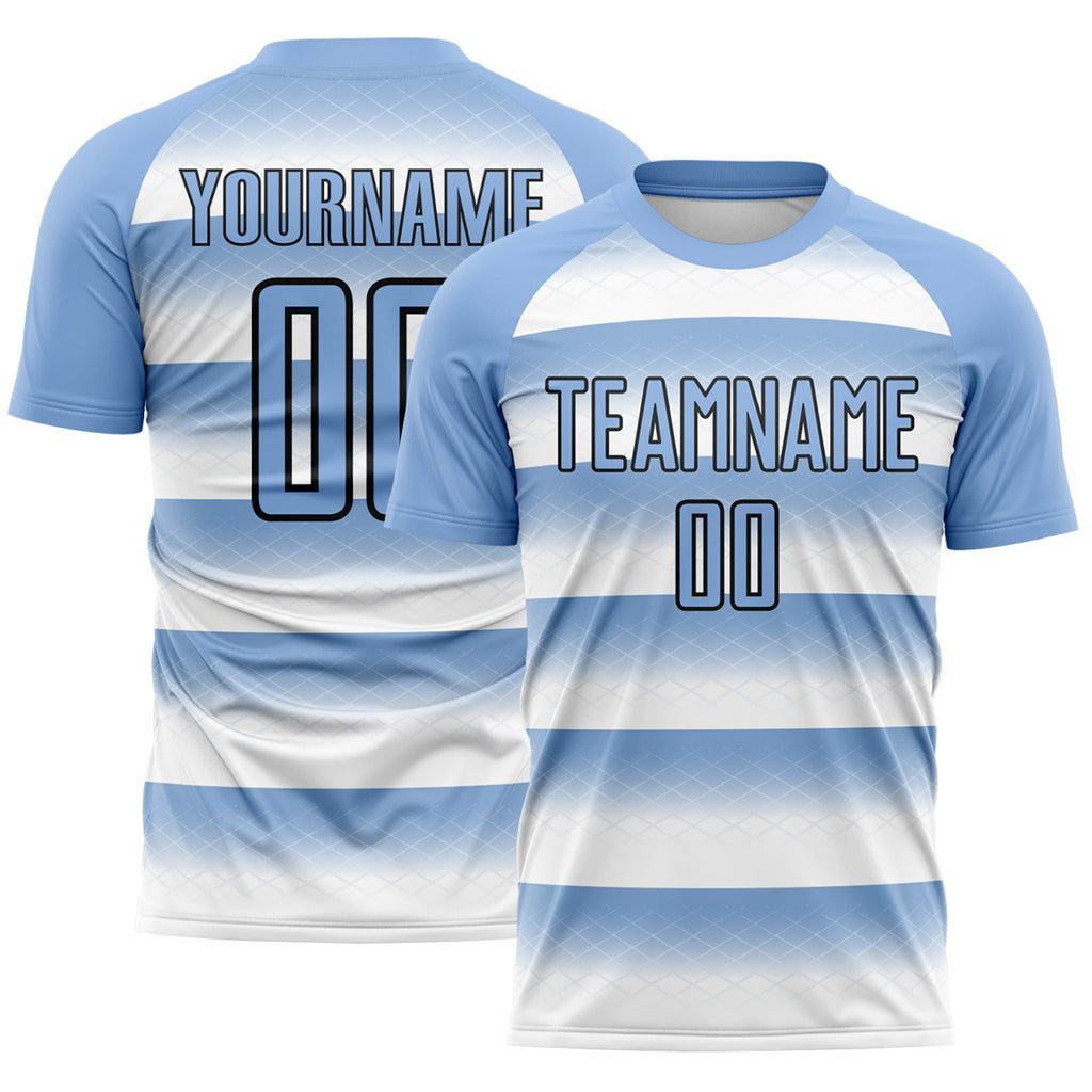 Custom Light Blue White-Black Stripe Diamond Grid Argentina Sublimation Soccer Uniform Jersey