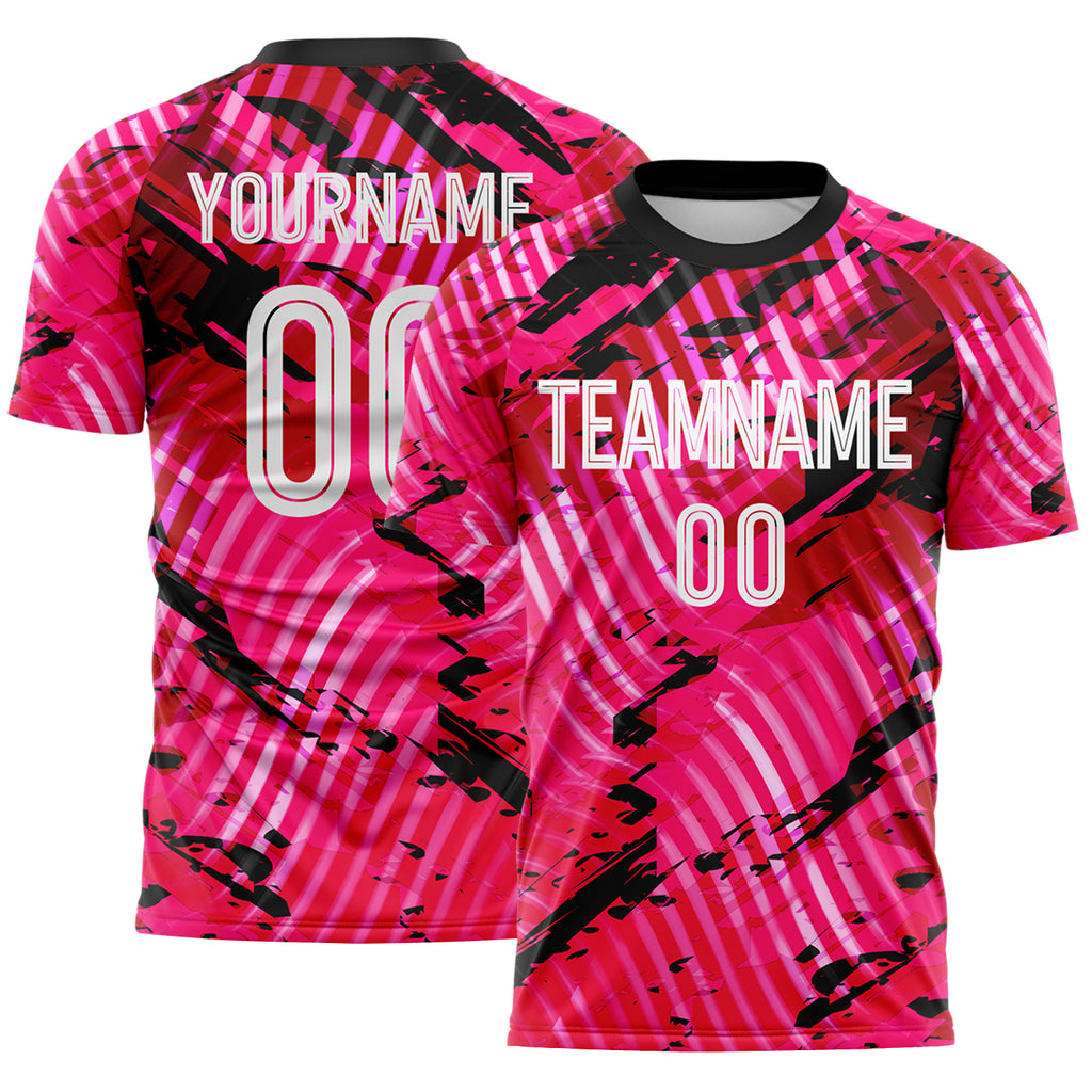 Custom Pink White-Black Abstract Swirl Wave Grunge Splatter Sublimation Soccer Uniform Jersey